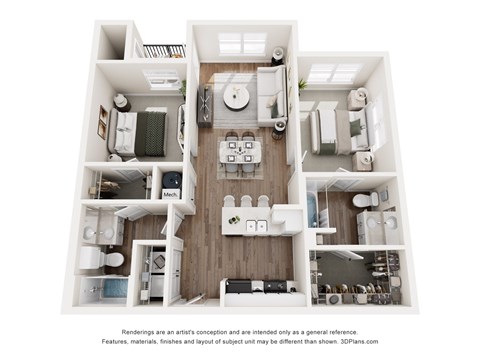 Floor plan for 2 beds, 2 baths, 938 sqft